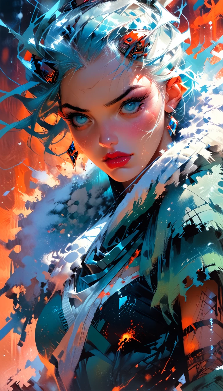 sonar-queen, Ice and snow, Water & Fire, colored kazakh woman, standing on the edge of the horizon, looking at the viewer, sci-fi style art masters, Close-up,