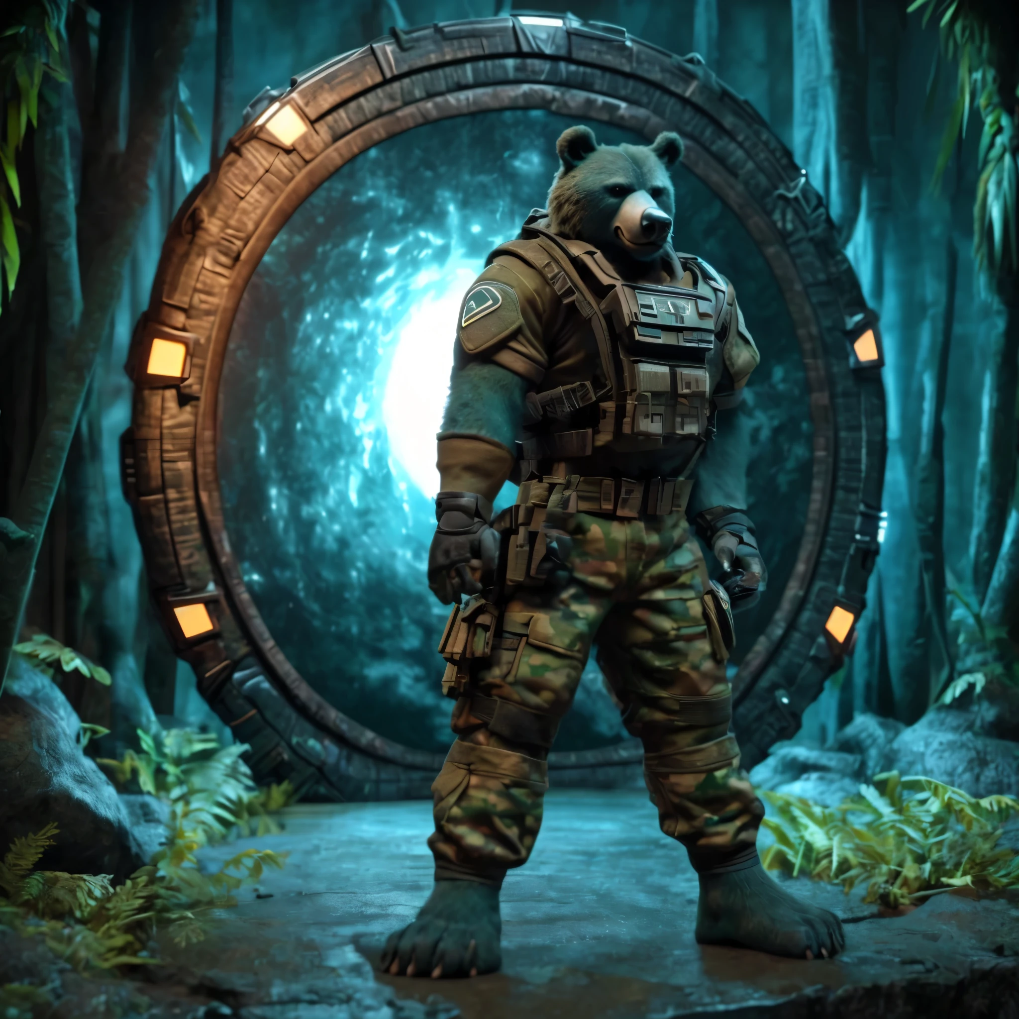 (((Barefoot furry character, cinematic setting, furry male, plantigrade))) 
side view on (((shiquanjie, furry, blue bear))) dressed as (((taskforce soldier))), (((standing in the jungle))), standing in the rainforest, standing before (((stargate))), (((wearing green military camouflage uniform and brown fingerless gloves))), holding weapon. (((active stargate in background))), partial visible stargate, detail, close up
BREAK, intricate details, highly detailed, extreme detail, octane render, fine art, best quality, highres, (detailed face:1.5), UHD, (((perfect hands))), ((low light:1.5)), bwu