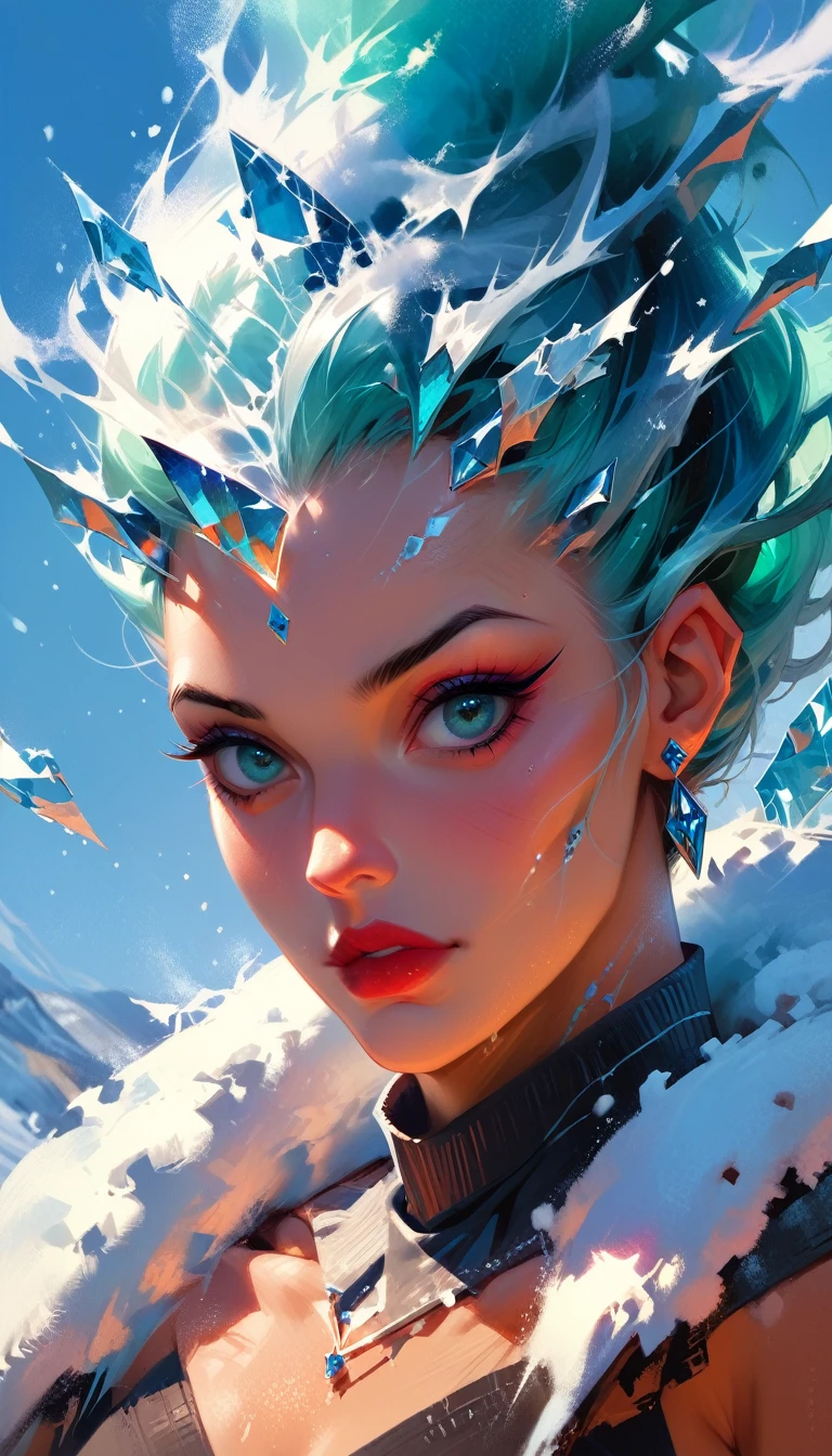 sonar-queen, Ice and snow, Water & Fire, colored kazakh woman, standing on the edge of the horizon, looking at the viewer, sci-fi style art masters, Close-up,