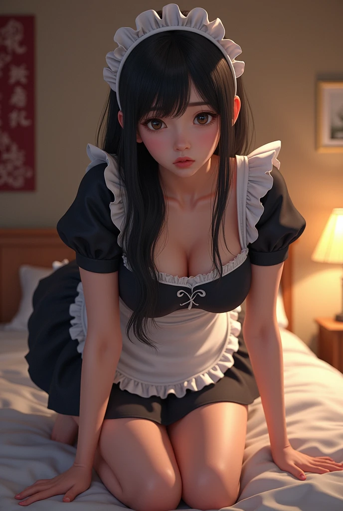 1girl, solo, masterpiece, high quality, high detail, HDR, 4k, volumetric lighting, subsurface scattering, 23 year old woman, Asian, maid, maid dress unbuttoned, posing on a bed, look up from below and make eye contact, Expression of desire, Cleavage emphasis,