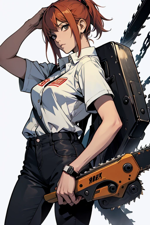 (masterpiece), (best quality), makima with Taylor Swift's face (chainsaw man), best quality, ultra detailed, 1girl, solo, standing, red hair, long braided hair, golden eyes, bangs, medium breasts, tie, look, smile, (bad: 1.2), looking at the viewer, (interview: 1.3), (dark background, chains: 1.3) breasts out,