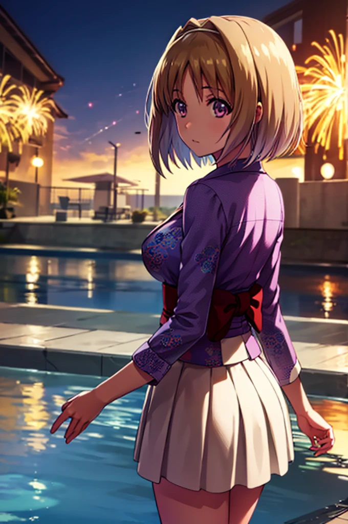 (masterpiece:1.3), (best quality:1.1), (8k, ultra detailed, ultra high res:1.2), ((anime style)), perfect 5 fingers, perfect anatomy, 
1girl,
Kushida Kikyou, 
short hair, 
bronze hair, 
(purple eyes:1.2), small eyes, 
large breasts, 
(floral printed kimono, beautiful detailed lens flare),
looking at viewer, 
cowboy shot, 
natural light, standing, arm behind back, looking back, detail background, outdoor, outside, Pond at your feet, Fireworks reflected on the pond, BREAK, evening,