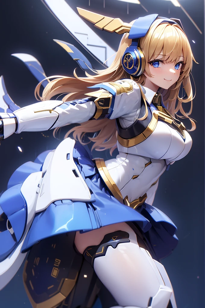 mecha wings、White and blue skirt、Thighs、tights、chest、Golden Hair、1 girl、solo girl、IS、Frame Arms Girl、Alice Gere Aegis、Blue Armor、income、headphone、hand on own chest、smile、idol woman、idol dress