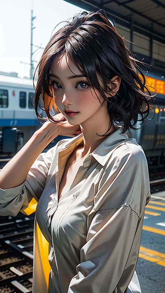 Realistic photos (1 cute Korean star) Inverted hair, light makeup, Middle breast size, Orange polo shirt, At the train station, Canon EOS Clear Facial Features, 16K, High resolution, Sharp and realistic details,  Exposure, interrupt, 超High resolution, High resolution, Highest quality