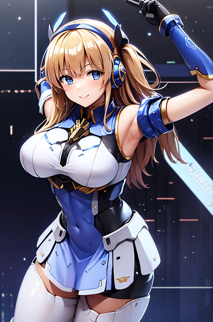 mecha wings、White and blue skirt、Thighs、tights、chest、Golden Hair、1 girl、solo girl、IS、Frame Arms Girl、Alice Gere Aegis、Blue Armor、income、headphone、hand on own chest、smile、idol woman、idol dress