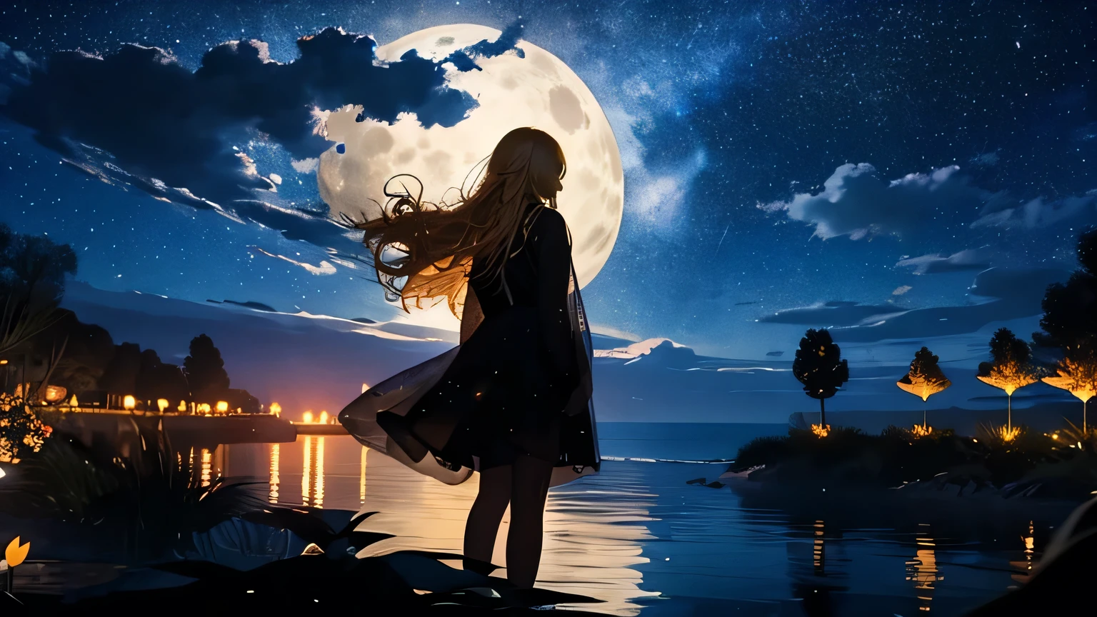 Arafed image of a woman standing on a rock in front of a lake at night ...