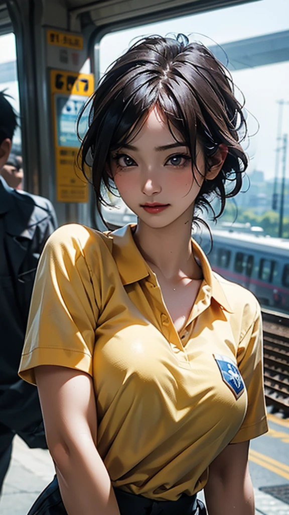 Realistic photos (1 cute Korean star) Inverted hair, light makeup, Large Breast Size, Orange polo shirt, At the train station, Canon EOS Clear Facial Features, 16K, High resolution, Sharp and realistic details,  Exposure, interrupt, 超High resolution, High resolution, Highest quality