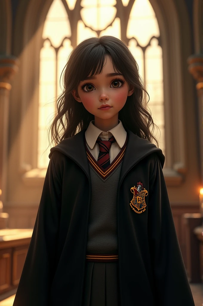 (best quality, masterpiece), 1girl, curly hair, hermione granger, freckles, bangs, harry potter \(series\), cape, looking at viewer,