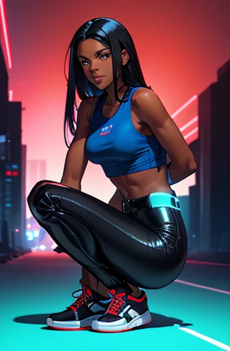 high qualiy, Youngh, glad, ssmile, darkskin, grey-eyed, short white sleeveless t-shirt, tight leather pants, red and blue sneakers, long straight shiny black hair, a futuristic landscape, neon lights