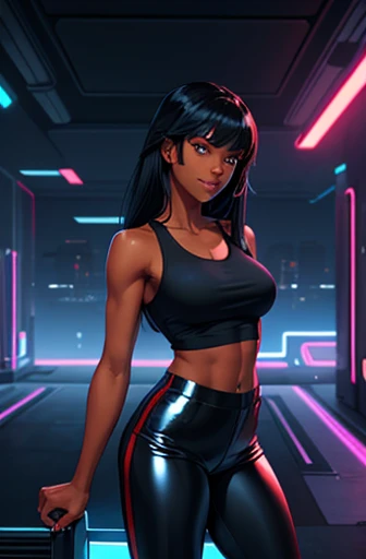 high qualiy, Youngh, glad, ssmile, darkskin, grey-eyed, short white sleeveless t-shirt, tight leather pants, red and blue sneakers, long straight shiny black hair, a futuristic landscape, neon lights