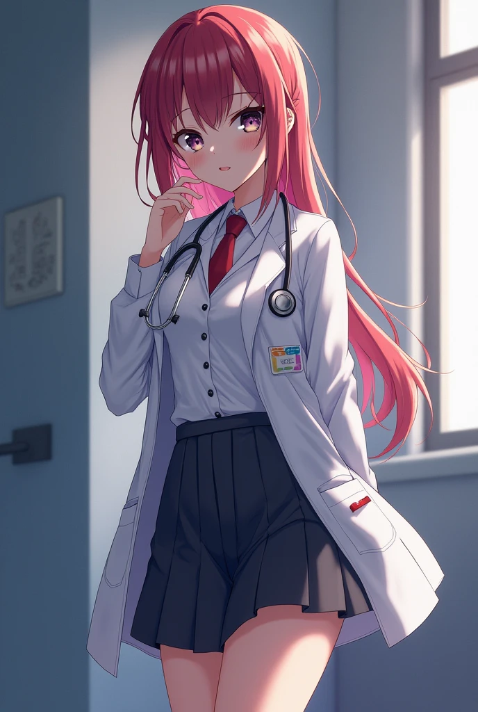 1 girl, Redhead, Facial hair, Red eyes, 8k, masterpiece, sexy、erotic、High Contrast、cute、hospital、Hospital room、Doctor&#39;s coat、Half naked、Thighs
