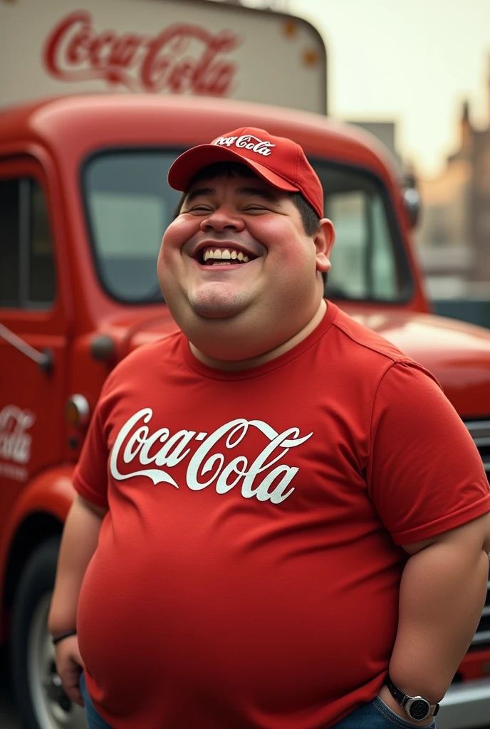Chubby driver surrounded by women and with kiss marks on his cheeks 