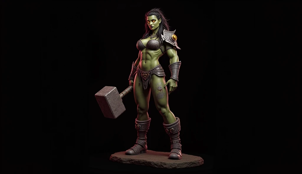 (highres:1.2),ultra-detailed,(realistic:1.37),beautiful african,half-orc shaman, Peta Jensen, Very beautiful face, shield end sword in hands, soft facial features, (((green skin))), (((bare chest)), ((erect nipples)), (((hairy pubis))), (((chainmail armor))), red eyes, (((wielding a battle axe))), long wavy hair, on a battlefield, fighting demons, low lighting,shackles,desperate look,fine artwork,detailed background,soft shadows,vivid colors,surreal atmosphere,subtle textures,very beautiful,emotionally charged, (((no nude))), full body pose