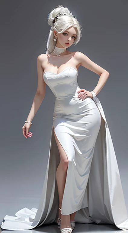 create an image of a beautiful slender woman with black curly hair she is standing posing for a photo, o destaque fica sendo o lindo e longo vestido que ela usa sendo branco com bordas douradas brilhantes, atraz dela tem uma parede feita de rochas pretas bem moderno, She wears red lipstick her eyes are blue the image is realistic with good lighting contrast and depth.