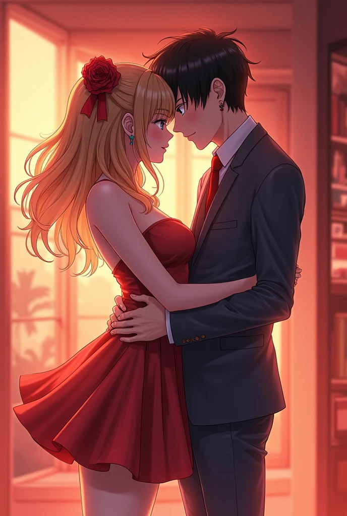 I want the image of the Le Mass couple from the anime Death Note. I want them hugging and together. He is very white, tall, pale, black hair, very thin. She has blonde hair and is short. White and wears dark makeup. They are both beautiful.