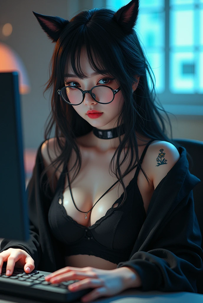 ultra-detailed, cute woman, petite stature, enormous breasts, side milk, white skin, alluring figure, black long messy hair, watery eyes, long upper eye lashes, contemptuous gaze, blush on cheeks, seductive smile, background((dark and messy gaming room, Server Machine, neon lights, Braces, some computer, notebook)), messy paper, flight, Debris flying, writing border depth, Movie, Finished lunch box, Cup drinks, coffee, seated in a gaming chair, ((engrossed in staring at the computer screen)), ((hands moving on the keyboard)), black RGB gaming headset, Blue jacket, Open shoulders, black short bandeau top, white miniskirt, Black sexy panties, black-framed glasses, black thigh-high stockings, cleavage, legs spread apart, Leaking panties, (Glasses reflect light from screen), ((screen light)), HDR, Premium shade, Perfect painting, visual art, Perfect art, super detail, from side, atmospheric perspective, chiaroscuro, Best quality, textured skin, ccurate, highres, super detail, masterpiece, (photorealistic:1.2)