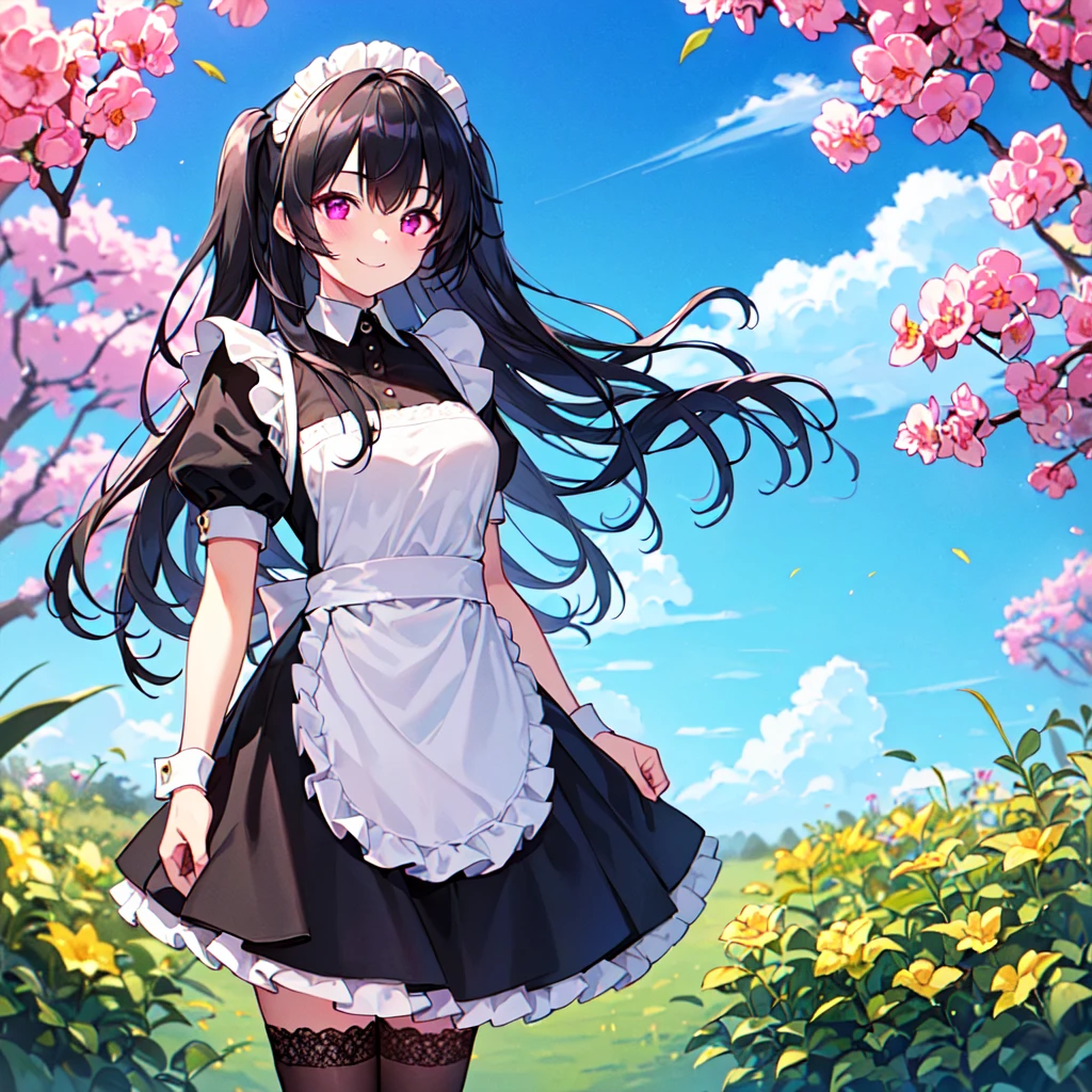 NSFW , ultra detailed, hyper detailed, best quality, highres, 4K, field of flowers, , from below, looking at viewer, puzzled, happy, , shy, very long hair, wave hair, gradient hair, tall, slender,flat chest,maid, Gothic ta, (up skirt) ,no panties , dappled sunlight,