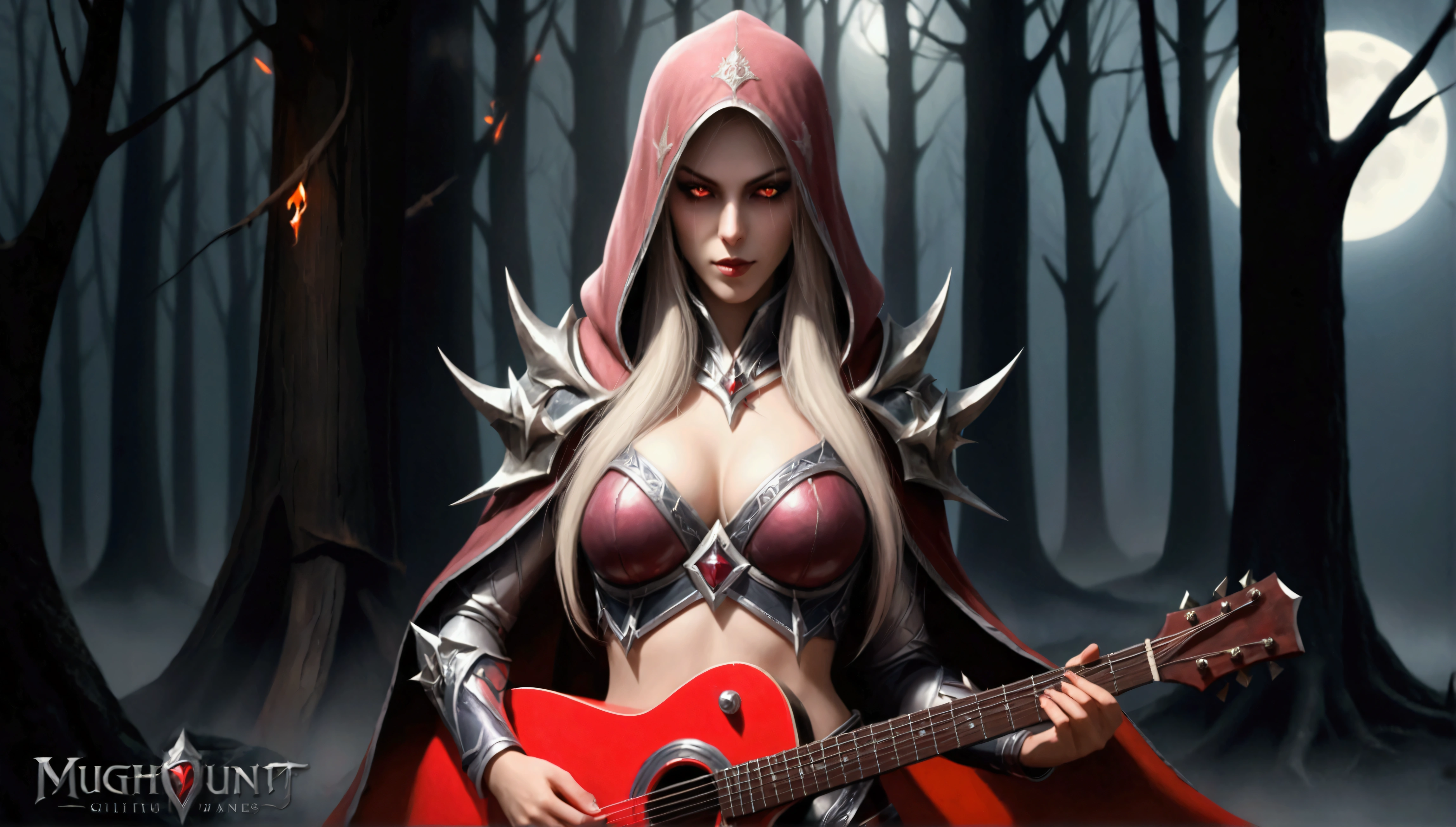 sylvanas windrunner, the legendary leader of the Renegades, sits on a dark wooden throne, surrounded by an aura of mystery and magic. in her hands, ela segura umthe guitar vermelha vibrante, its strings seemingly pulsing with supernatural energy. Os olhos dela, burning with supernatural intensity, look directly at the viewer, as if challenging them to come closer. Their long, white hair falls over the shoulders, framing her pale, ethereal face. Her lips, painted deep red, curves into an enigmatic smile, as if she kept secrets that only she knew. the guitar, that seems to have been created by magical hands, emits an intense red light that illuminates the environment around it. The strings vibrate with an energy that seems almost palpable, as if they were alive and responding to Sylvanas&#39; touch. No fundo, a dark and mysterious mist spreads, as if the night itself was closing in around Sylvanas. The atmosphere is charged with tension and anticipation, like something is about to happen. The image is a mixture of shadows and light, of mystery and magic, capturing the essence of sylvanas windrunner as an enigmatic and powerful creature. a woman in red with a guitar in a forest, HD epic fantasy art style, 4k fantasy artwork, beautiful sorceress, sylvanas windrunner, Detailed Artgerm, background art, a beautiful sorceress, evil sorceress, detailed cover art, dark sorceress, black elf princess, 1girl, bare tree, breasts, cape, cleavage, Electric guitar, forest, full moon, glowing eyes, guitar, holding instrument, hood, instrument, long hair, moon, moonlight, nature, night, night sky, playing instrument, red eyes, 独奏, tree 