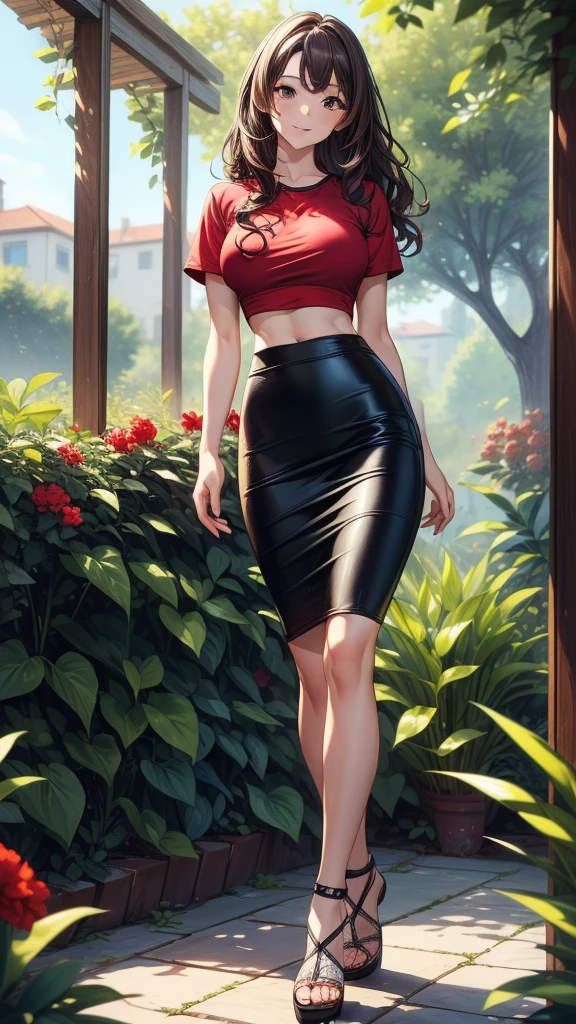masterpiece, best quality, high detail, 1girl, beautiful woman, medium wavy hair, dark purple hair, large bust, pink tank top, black midi pencil skirt, long skirt, white sneakers, headphones, midriff, necklace, bracelet, collarbone, garden, grass, stone, full body, looking at viewer, light smile, hand on own hip,