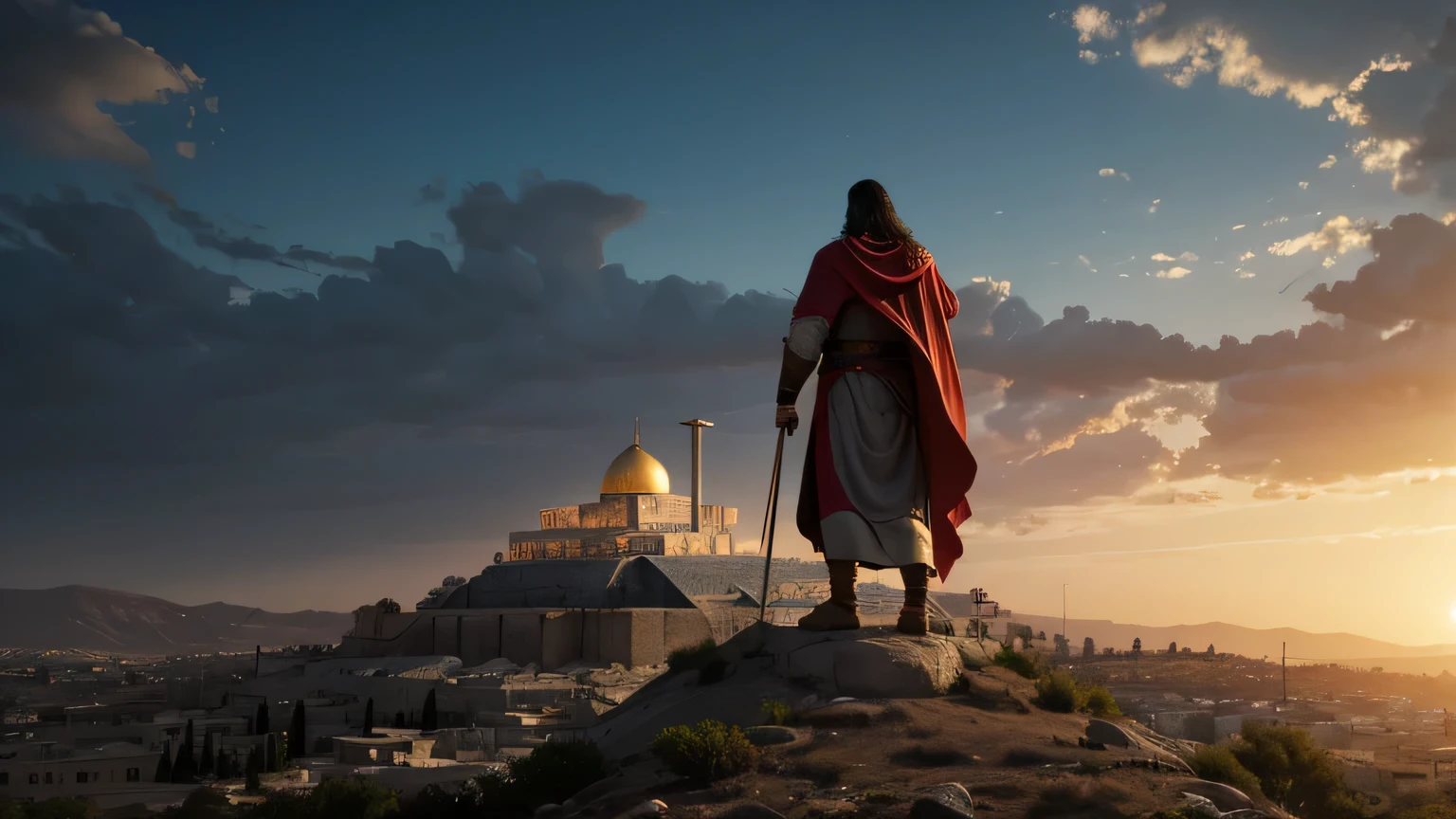 An injured boy stands on the front, bombed, crashed buildings, smoke, Palestine, dome of rock, Palestine flag, ruins, buildings, warm, dark sky, detailed, beautiful lighting, Temple Mount, Al-Aqsa Mosque, Subsurface scattering, bluish light, fire