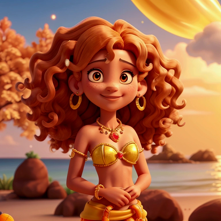 Um filme inspirado na Disney Pixar (MENINA CLARA, CABELOS CASTANHOS, BIQUINE DOURADO, PLUMAS ROXAS, ESTILO CARNAVAL, FAXA DE MISS BLOCO XINELLIS dentro A cena estar na arte distinta do estilo PIXAR, descolada e estilosa