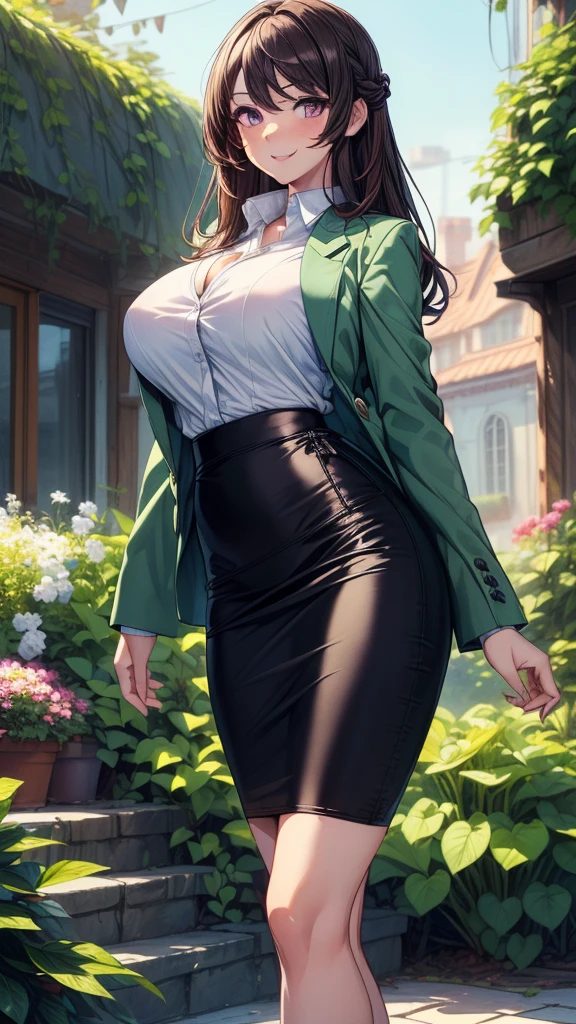 Long black hair,black colour suit and black shirt, perfect sized boobs, standing,blue colour eyes,ultra realistic detailed blue eyes, beautiful and perfect face, sunlight and garden background,