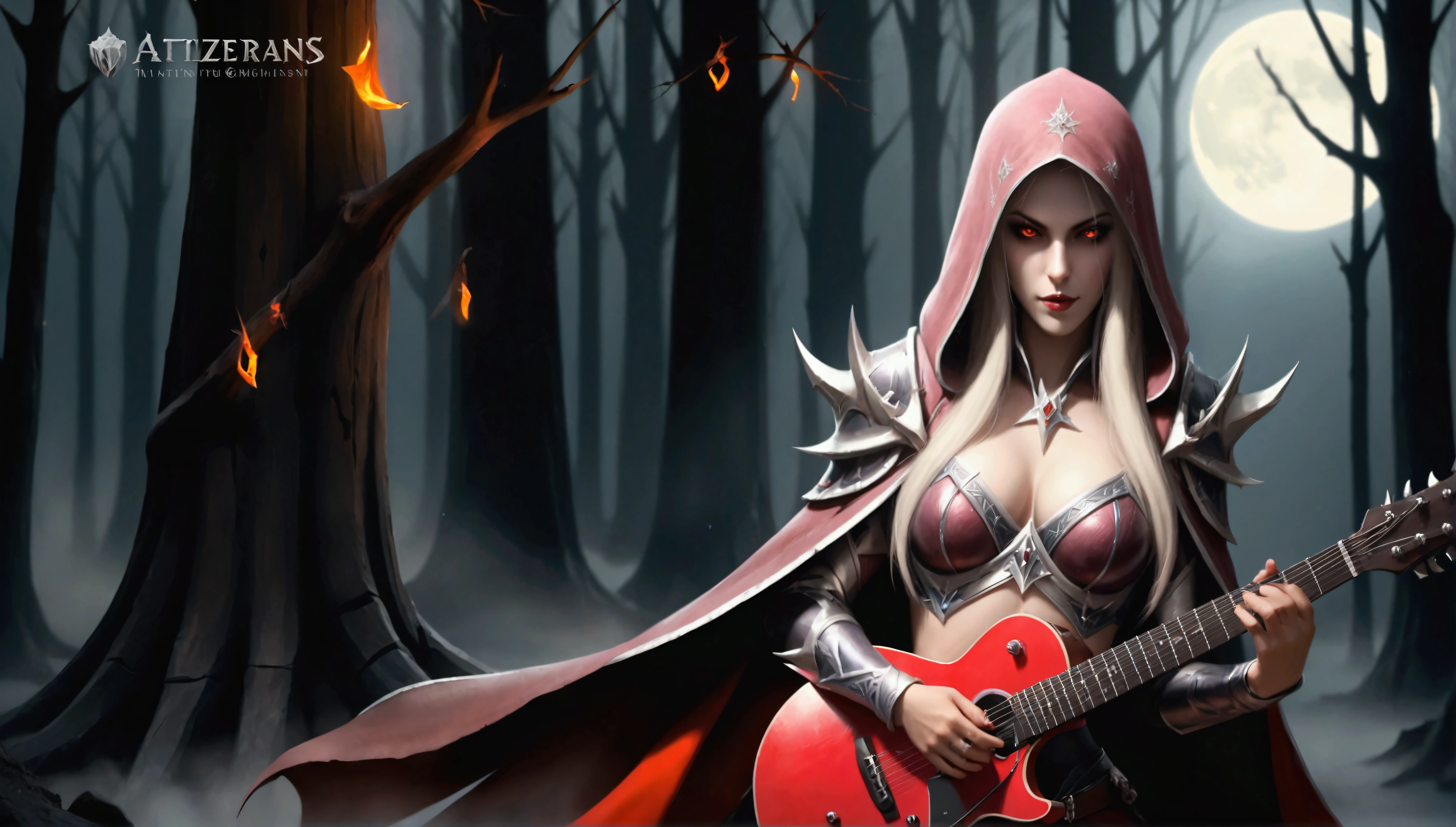 sylvanas windrunner, the legendary leader of the Renegades, sits on a dark wooden throne, surrounded by an aura of mystery and magic. in her hands, ela segura umthe guitar vermelha vibrante, its strings seemingly pulsing with supernatural energy. Os olhos dela, burning with supernatural intensity, look directly at the viewer, as if challenging them to come closer. Their long, white hair falls over the shoulders, framing her pale, ethereal face. Her lips, painted deep red, curves into an enigmatic smile, as if she kept secrets that only she knew. the guitar, that seems to have been created by magical hands, emits an intense red light that illuminates the environment around it. The strings vibrate with an energy that seems almost palpable, as if they were alive and responding to Sylvanas&#39; touch. No fundo, a dark and mysterious mist spreads, as if the night itself was closing in around Sylvanas. The atmosphere is charged with tension and anticipation, like something is about to happen. The image is a mixture of shadows and light, of mystery and magic, capturing the essence of sylvanas windrunner as an enigmatic and powerful creature. a woman in red with a guitar in a forest, HD epic fantasy art style, 4k fantasy artwork, beautiful sorceress, sylvanas windrunner, Detailed Artgerm, background art, a beautiful sorceress, evil sorceress, detailed cover art, dark sorceress, black elf princess, 1girl, bare tree, breasts, cape, cleavage, Electric guitar, forest, full moon, glowing eyes, guitar, holding instrument, hood, instrument, long hair, moon, moonlight, nature, night, night sky, playing instrument, red eyes, 独奏, tree 