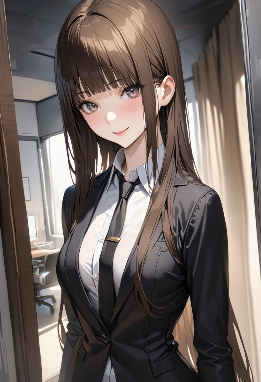 ((((absurdres, RAW photo, extremely delicate and beautiful, masterpiece, Best Quality, ultra high resolution, 32k, hyperrealistic, ultra-detailed)))), in her 20s, very Slim body, narrow waist, very small head, very small face, delicate facial features, beautiful face, beautiful eyes, ((very huge round tits)), medium hair, black hair, wavy hair, tearful mole, earring, ((full body shot)), business suit, pencil skirt, blazer, dress shirt, tie,