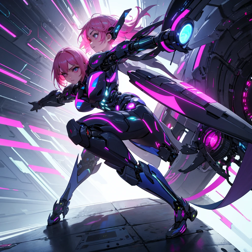 Full Body, a youthful teenage girl with pink hair, very short body, cybernetic body, cyborg, purple and blue, photo-realistic, 8k, hyperdetailed, cinematic lighting, dramatic pose, intricate details, dynamicfuturistic, glowing lights, advanced technology, seamless integration, innovative design, sharp focus, vivid colors