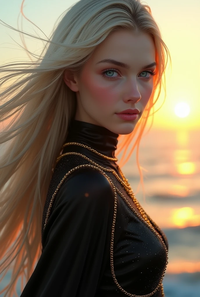 
3D ,stunning girl ,looking  at the viewer ,beautiful perfect bright Blue eyes, very beautiful face,windy day, Golden bracelets and necklaces, long hair is waving in the wind ,(official art, beautiful and aesthetic:1.2), extreme detailed, highest detailed, pale skin, the creamy smooth skin, long  monoliths at the horizon, (black  dark post- modern biofabric  black stretch dress is waving at the wind) , strong light, backlighting, blue waving wild ocean behind the scenes zaten , thread, glass, strong shadow, close-up, fog, futuristic fashion, modern art, movement, Post-apocalyptic, Biofabric, Gothic wind,soft light on face, High Resolution, Long Hair, Open Mouth, Blue eyes, High Resolution, Masterpiece, Anatomically Correct, Accurate, Award Winning, Long Hair, Sparkle, Hyperrealism, Photorealistic, bright light on face, bright frontlighting, perfect teeth, stunning young Russian girl, full body shot, back shot, side shot, front shot, Blonde Hair, Black Hair, sharp focus on the background Naughty smile, ((bright sunset at horizon, yellowish red rays at the horizon)), at the sea shore, wild wind, wind waves around her ankles, timeless shot, time stopped, 