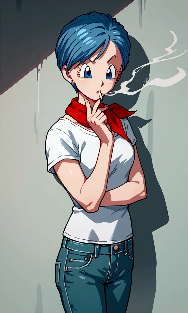 Original style, Bulma, short hair, blue eyes, blue hair, White short-sleeved shirt, jeans, red kerchief around the neck, cowboy boots, (score_9,score_8_up,score_7_up), source_anime,best quality,masterpiece,anime, __PROMPT__ , smoking a cigarette