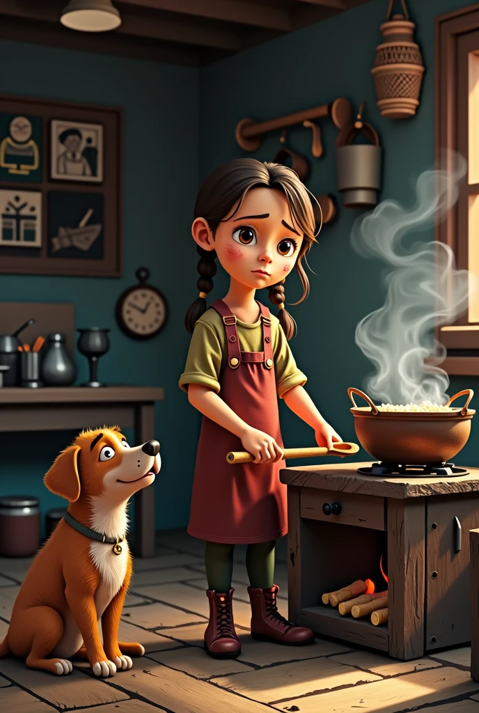 The girl cooking in kitchen and the dog sitting in his kitchen