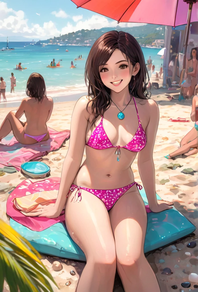 style of anime,Beautiful woman on sunny beach,Dressed in a charming bikini,Wear a brightly colored visor。