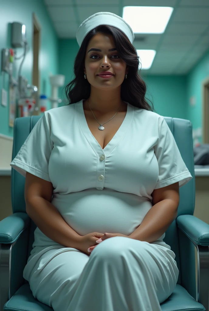 1girl, ager, short curly dark brown hair in a bun, tan skin, freckles, blue eyes, wearing a white T-shirt and gray sweatpants, full-body image, waiting room background, in pain, sitting in chair, (huge breasts), massive breasts, giant breasts, hanging breasts, massively pregnant, huge belly, overdue pregnant belly, sweating, full-body shot, wide angle, ((looking down)),
