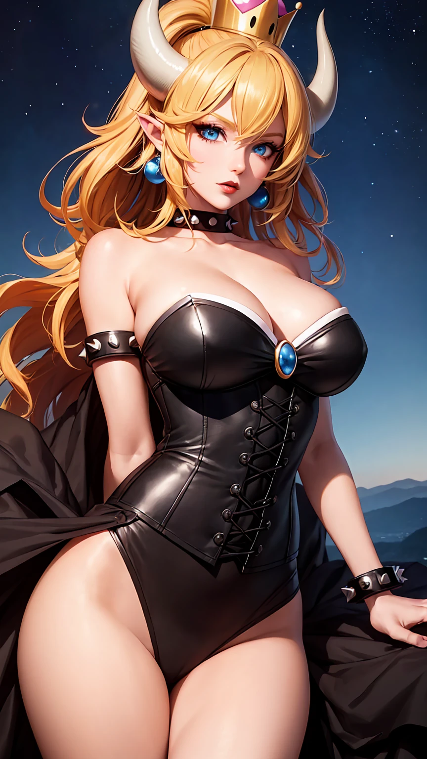 ((high detailed, best quality, 4k, masterpiece, hd:1.3)), ((best quality)), (((HD))), (((8k))), (ultraDH), (ultra HD), Princess Daisy, blue eyes, BREAK blue eyes, seductive, attractive, smooth anime cg art, 36C breasts, long legs, vivid colors, detailed digital art, slim body, perfect skin, dark blonde hair, long hair, blonde hair, blonde hair, BREAK crown, cleavage, 36C cleavage, looking at viewer, BREAK looking at viewer, extremely detailed face, red santa suit, red santa claus suit, santa claus suit, earrings, gem, dark black makeup lips, dark gothic eyeshadows, dark eyeshadows, black eyeshadows, black sexy lips, black lips, (dark:1.2), dark lips, very dark lips, (perfect hands, perfect anatomy), black makeup, black medium lips, black thick lips, detailed fingers, five fingers per hand, 5 fingers, (1 girl), detailed lips, detailed black lips, black painted lips, gothic painted lips, BREAK night, night sky, (breast focus), (arms outstreched:1.2), (from above:1.1), (breasts out:1.3), (off shoulder:1.1), (white horns), (corset), inside a lava castle, she inside a sea of lava, she bathing in lava, making sex, agressive sex