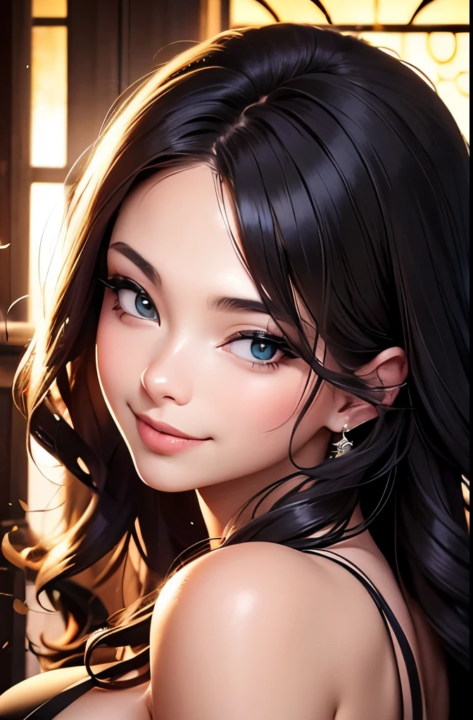 Realistic, a glamour shot of an Asian waifu smiling shyly (extremely long curly hair), hand on her chin, hard nipples, big ass, leaning toward the viewer, cowgirl pose, with Smokey eyeshadow and knowing smile, heavy eyeshadow and mascara, wearing an evening dress, underboob, side boob, insanely detailed face and green eyes, intricate, hyper-detailed bedroom, a romantic evening, digital illustration, masterpiece, beautiful eyes, atmospheric lighting, centered, perfect anatomy, glowing eyes, candid portrait, clear, very detailed, smooth, sharp focus, focused on the viewer