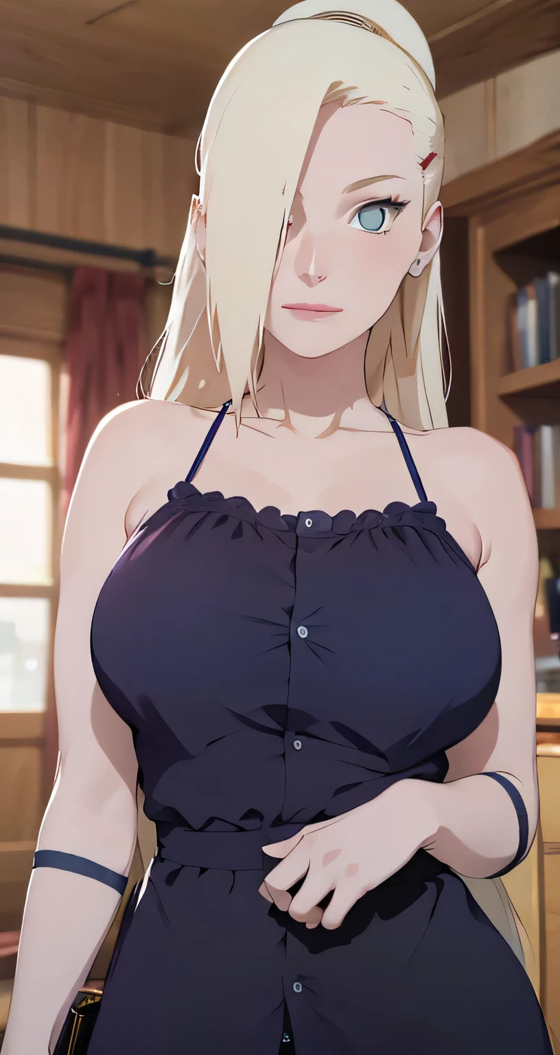 Pale skin, mature woman, elegant, blonde, blue eyes, camisole, panties, curvaceous, solo, high quality cg, 8K resolution, Sharp photo, pink lips, realistic anime art style, Perfect image details.