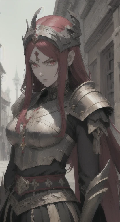 Ancient military , Supreme commander, princess, red eyes, glaring at viewer, ancient military armor, long messy hair, ancient kingdom, medieval Town, 