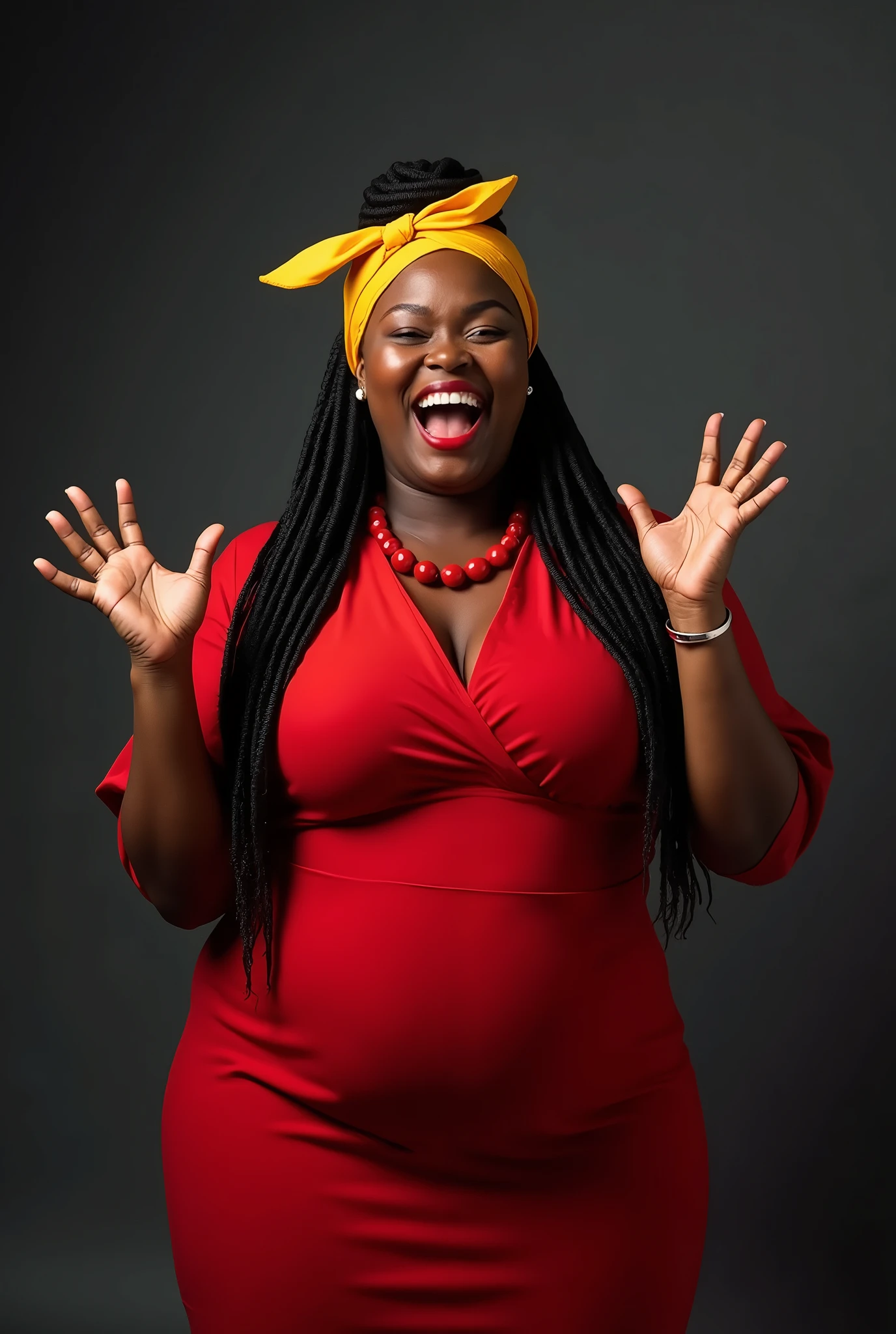 Create a real photograph, of a full-bodied woman, in a green dress with sleeves, covering her breasts, with arms up, celebrating your success, happy, happy in life