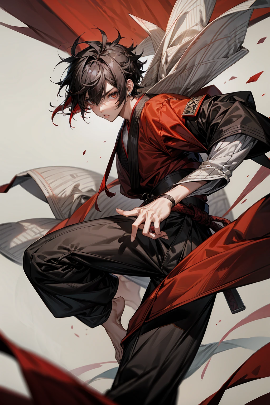 1male , Adult, Two-Toned Hair , White and Black Hair , Messy Hair , Short Hair, Large Ear Rings , Red Martial Arts Clothing , Black Baggy Pants , Red Haori, Grey Sash