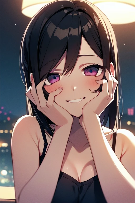 ((masutepiece)), ((Best Quality)), (Ultra-detailed), ((kawaii)), Cute, (lovely), ((Sexy)), (Ero), ((Extremely detailed)), 4K, (8K), Best Quality, (Beautiful), Anime style, Upper body, look down from above, Focus on the face, city, Town, In the bedroom , morning, Pretty women, Solo, lingerie, (((toppless:1.4))), ((large breasts)), ((beautiful nipples)), Beautiful dark brown hair, Beautiful purple eyes, ((Beautiful eyes)), White-skinned, Ponytail, Transparent hair, translucent hair, Smile, Lens Flare, Wind-effect, reflection effect