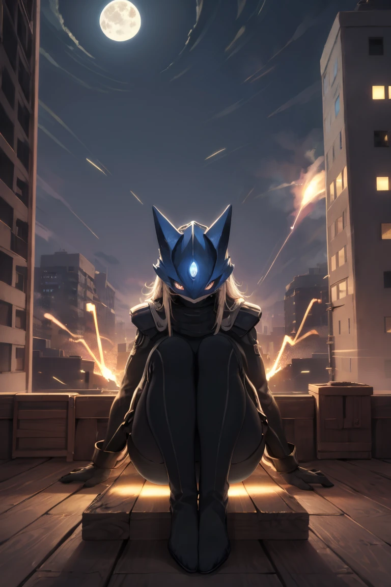 sitting in roof of building, is surrounded by electric sparks. In the night with full moon, epic pose, cinematic lighting, volume lighting, bright tone, warm color, colorful,, masterpiece, super detail, high quality, award winning, best quality, highres, 16k