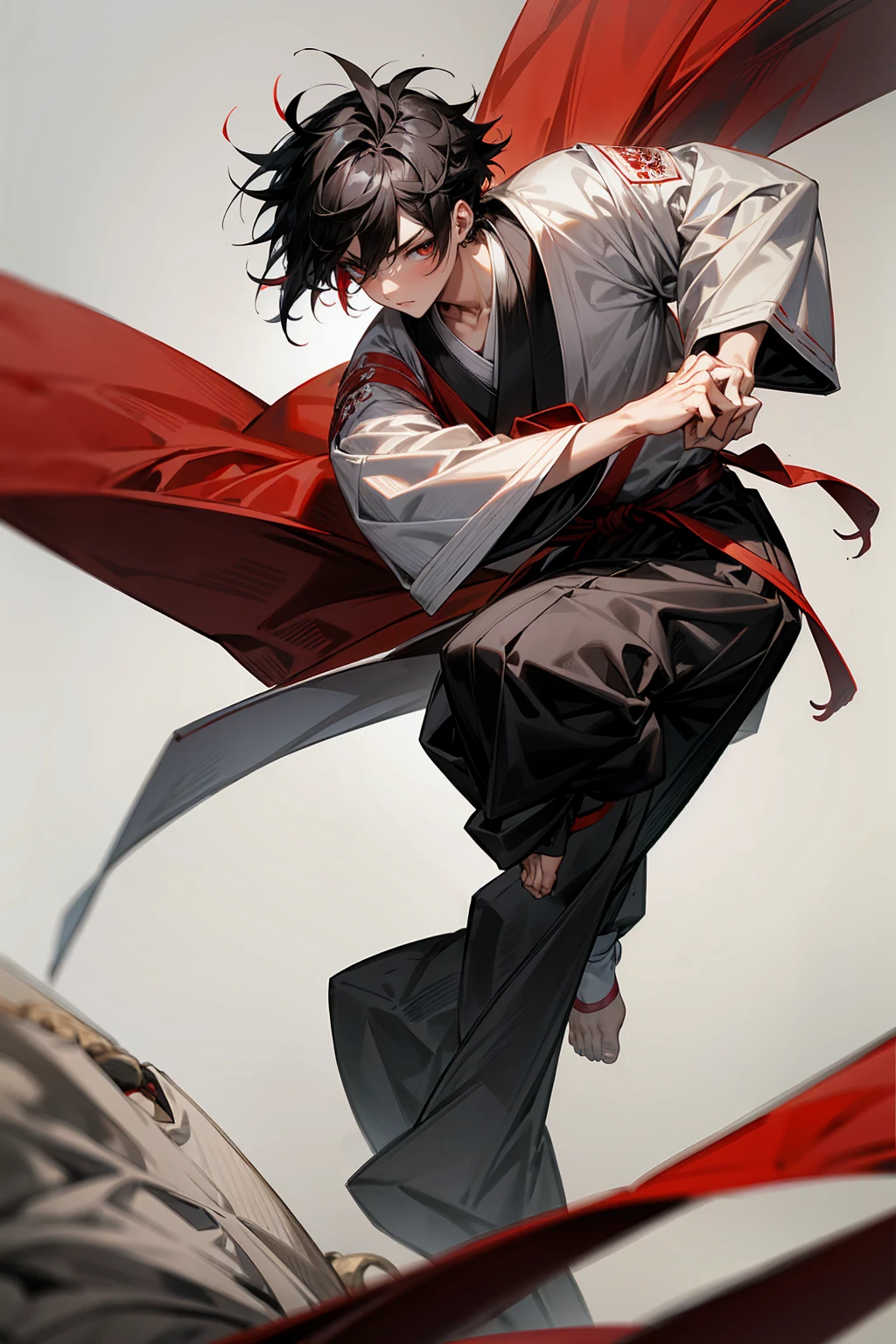 1male , Adult, Two-Toned Hair , White and Black Hair , Messy Hair , Short Hair, Large Ear Rings , Red Martial Arts Clothing , Black Baggy Pants , Red Haori, Grey Sash