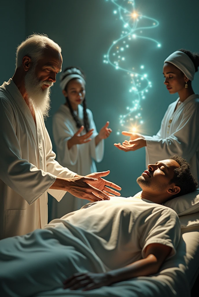 Woman lying on a stretcher covered up to her breasts with a blue sheet receiving exuberant energy from the hands of another woman who is standing with her hands palms down over the head of the lying woman and white light coming out of her hands in a beautiful comfortable room with candles and large images of Buddha, incense and a picture of the 7 chakras on the wall