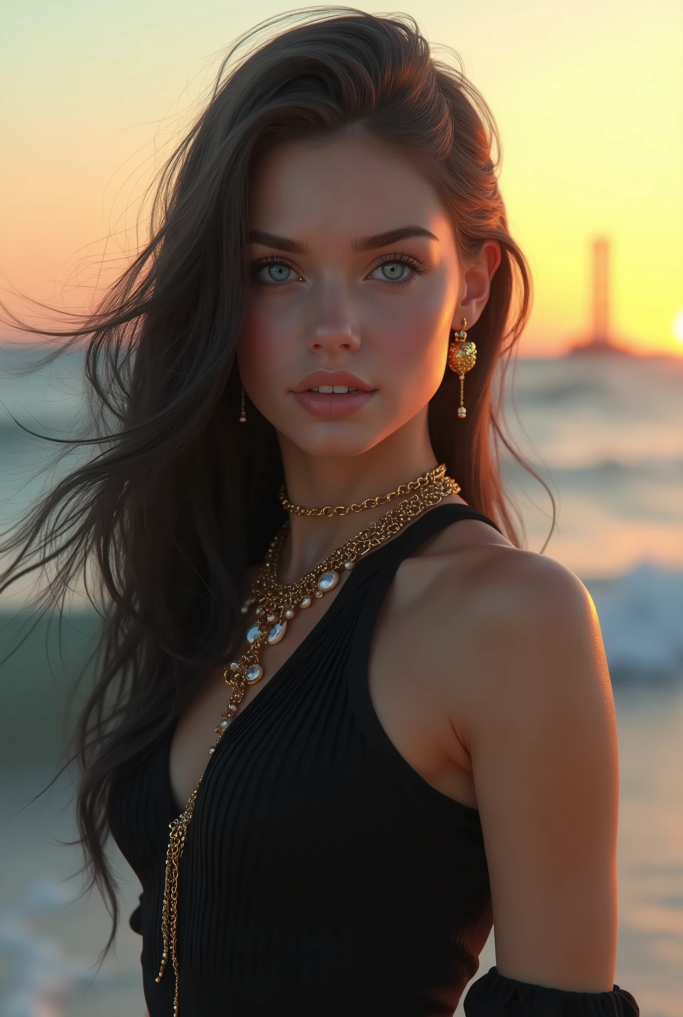 
3D ,stunning girl ,looking  at the viewer ,beautiful perfect bright Blue eyes, very beautiful face,windy day, Golden bracelets and necklaces, long hair is waving in the wind ,(official art, beautiful and aesthetic:1.2), extreme detailed, highest detailed, pale skin, the creamy smooth skin, long  monoliths at the horizon, (black  dark post- modern biofabric  black stretch dress is waving at the wind) , strong light, backlighting, blue waving wild ocean behind the scenes zaten , thread, glass, strong shadow, close-up, fog, futuristic fashion, modern art, movement, Post-apocalyptic, Biofabric, Gothic wind,soft light on face, High Resolution, Long Hair, Open Mouth, Blue eyes, High Resolution, Masterpiece, Anatomically Correct, Accurate, Award Winning, Long Hair, Sparkle, Hyperrealism, Photorealistic, bright light on face, bright frontlighting, perfect teeth, stunning young Russian girl, full body shot, back shot, side shot, front shot, Blonde Hair, Black Hair, sharp focus on the background Naughty smile, ((bright sunset at horizon, yellowish red rays at the horizon)), at the sea shore, wild wind, wind waves around her ankles, timeless shot, time stopped, 