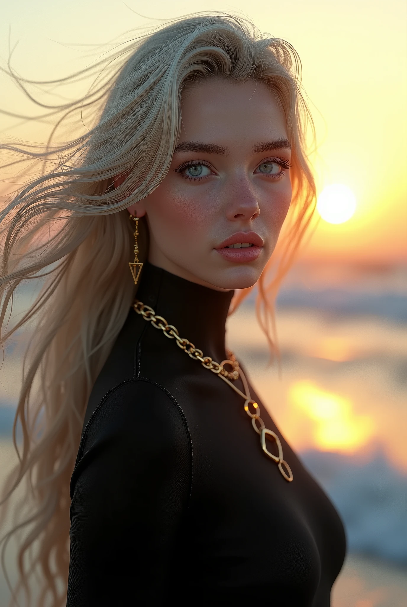 
3D ,stunning girl ,looking  at the viewer ,beautiful perfect bright Blue eyes, very beautiful face,windy day, Golden bracelets and necklaces, long hair is waving in the wind ,(official art, beautiful and aesthetic:1.2), extreme detailed, highest detailed, pale skin, the creamy smooth skin, long  monoliths at the horizon, (black  dark post- modern biofabric  black stretch dress is waving at the wind) , strong light, backlighting, blue waving wild ocean behind the scenes zaten , thread, glass, strong shadow, close-up, fog, futuristic fashion, modern art, movement, Post-apocalyptic, Biofabric, Gothic wind,soft light on face, High Resolution, Long Hair, Open Mouth, Blue eyes, High Resolution, Masterpiece, Anatomically Correct, Accurate, Award Winning, Long Hair, Sparkle, Hyperrealism, Photorealistic, bright light on face, bright frontlighting, perfect teeth, stunning young Russian girl, full body shot, back shot, side shot, front shot, Blonde Hair, Black Hair, sharp focus on the background Naughty smile, ((bright sunset at horizon, yellowish red rays at the horizon)), at the sea shore, wild wind, wind waves around her ankles, timeless shot, time stopped, 