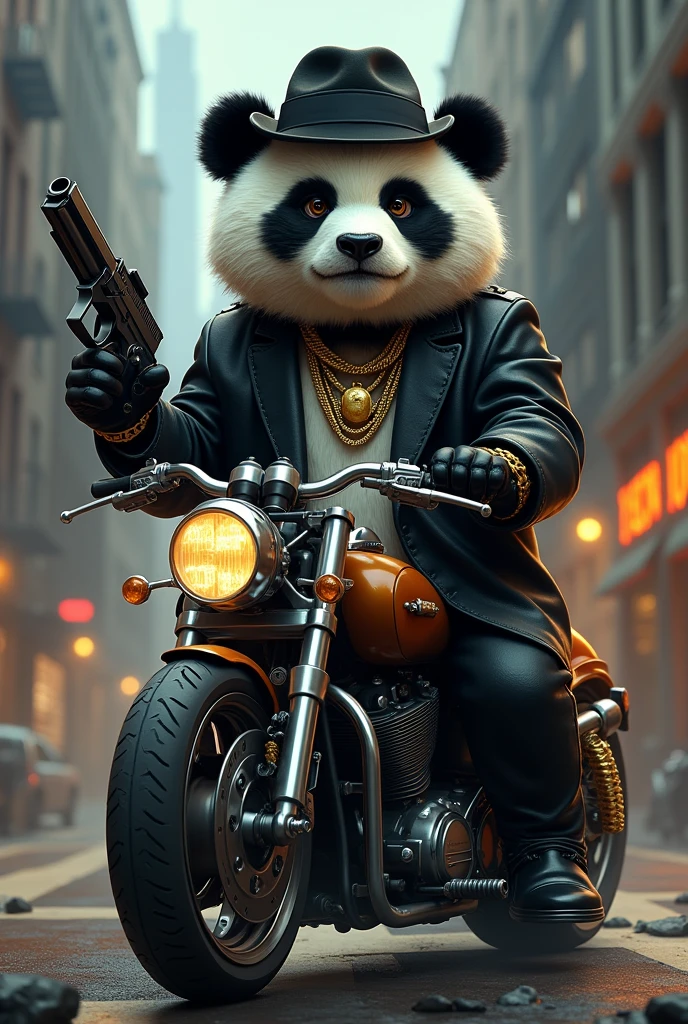 "A hyper-realistic image of a muscular, tattooed panda sitting on a motorcycle, holding multiple lit cigarettes between its fingers, surrounded by thick clouds of smoke. The panda is wearing a leather jacket with spikes, and its expression is one of pure contentment. The background is a gritty, urban alleyway with graffiti-covered walls and neon lights."