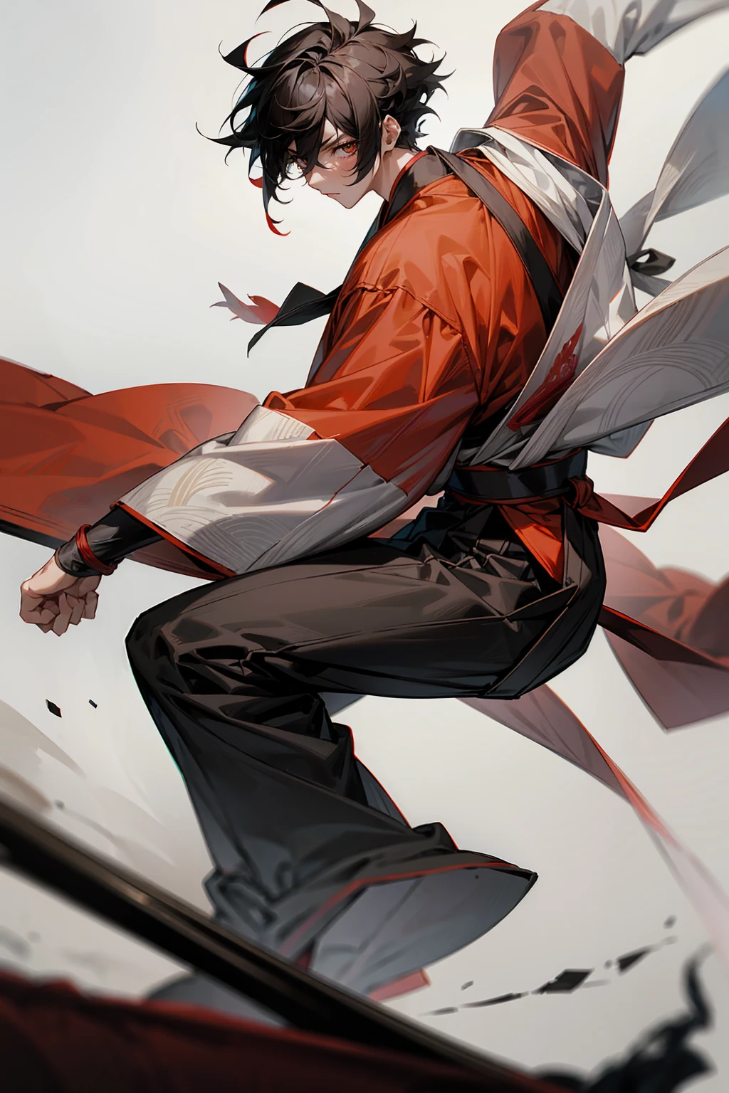 1male, Adult, Two-Toned Hair, White and Black Hair, Messy Hair, Short Hair, Large Ear Rings, Red Martial Arts Clothing, Black Baggy Pants, Red Haori, Grey Sash