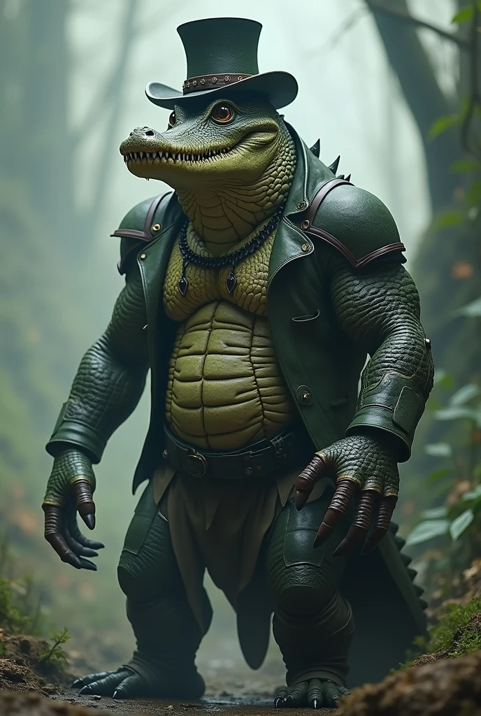 Velociraptor and human as a lizard man figure with a flying squirrel on the shoulder, small top hat and adventurer's clothing . Tattooed with a fire whip shown in combat