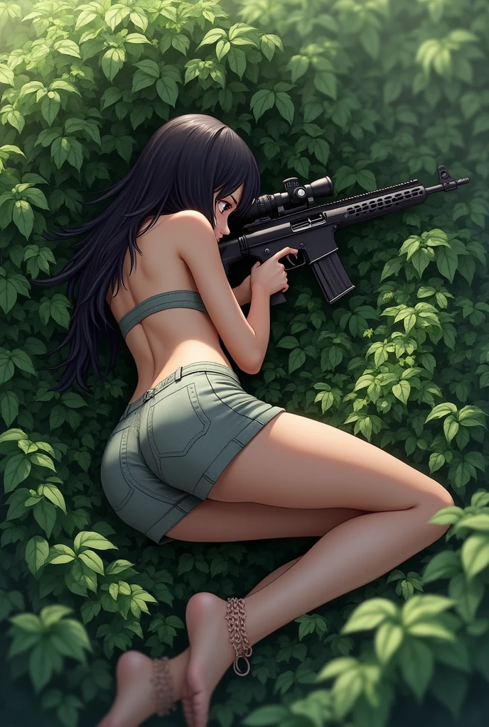 Elaizaikedareal, 1girl, solo, short hair, skirt, blonde hair, red eyes, gloves, ponytail, weapon, pantyhose, hairband, boots, holding weapon, gun, black pantyhose, rifle, one knee, sniper rifle, scope, shell casing